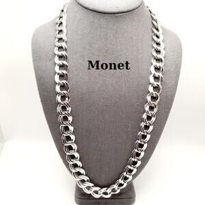 Vintage Monet Rhodium Plated Chunky Silver Tone Chain Necklace, 26 Inches
